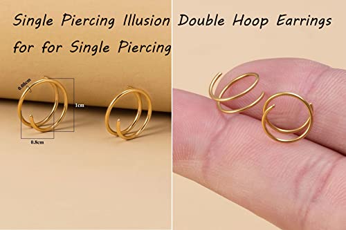 Double Hoop Earrings for Single Piercing, 3 Pairs 316L Surgical Steel Spiral Twist Illusion Lobe Cartilage Helix Hoop Earring Double Hoop Earrings for One Hole - color: Gold-8mm