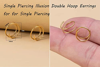 Double Hoop Earrings for Single Piercing, 3 Pairs 316L Surgical Steel Spiral Twist Illusion Lobe Cartilage Helix Hoop Earring Double Hoop Earrings for One Hole - color: Gold-8mm