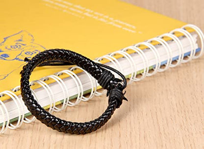 Leather Surfer Cuff Bracelet: Adjustable Braided Rope Woven Wrap Wristband for Men Women, Fit 7.6-10.6 inch Wrist - color: Black