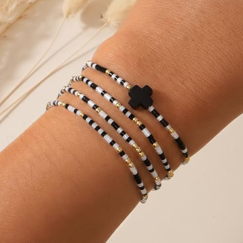 Christian Cross Christmas Stackable Seed Beaded Bracelets for Women, Boho Colorful Healing Stretch Accessories God Christ Pray Faith Amulet Jewelry, Daily Party Holiday Friendship Gift - color: Black