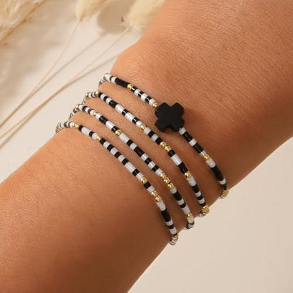 Christian Cross Christmas Stackable Seed Beaded Bracelets for Women, Boho Colorful Healing Stretch Accessories God Christ Pray Faith Amulet Jewelry, Daily Party Holiday Friendship Gift - color: Black
