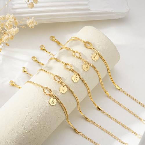 Turandoss 14K Gold Plated Initial A-Z Bracelets for Women Teen Girls Gifts | Dainty Love Knot Letter A-Z Initial Bracelet, Bracelet for Women Trendy, Gifts for Mom Wife Lover Friends Bridesmaid Couple - color: T