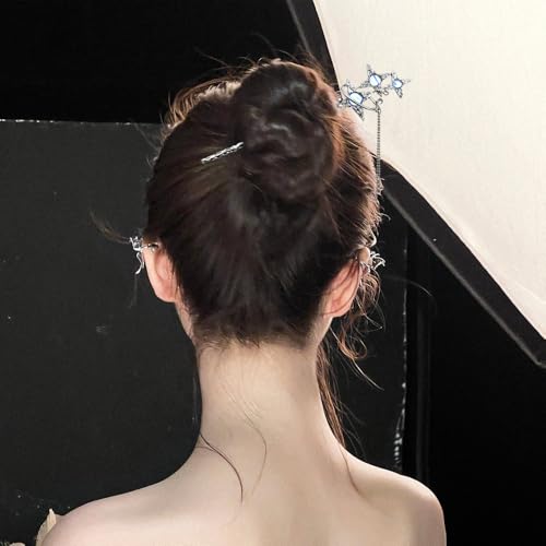 5PCS Star Moon Hair Sticks for Buns Long Hair Chinese Hanfu Asian Vintage Hair Chopsticks Metal Silver Hair Bun Updo Holders Long Hairpins for Women Girls