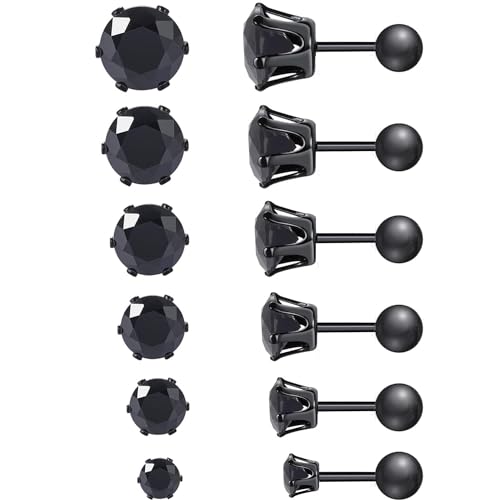 VOLUKA Cubic Zirconia Stainless Steel Screw Flat Back Earring - Hypoallergenic Stud Earrings for Women & Men - 316L Titanium CZ Stud Earrings for Nickel-Free, Trendy & Elegant - color: 6 Pairs- 3-8mm Ball Back -Black