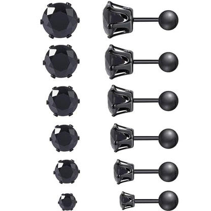 VOLUKA Cubic Zirconia Stainless Steel Screw Flat Back Earring - Hypoallergenic Stud Earrings for Women & Men - 316L Titanium CZ Stud Earrings for Nickel-Free, Trendy & Elegant - color: 6 Pairs- 3-8mm Ball Back -Black