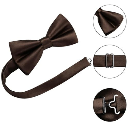 Hi-Tie 5Pcs Mens Solid Color Silk Tie Satin Pretied Bowtie Lapel Pin for Men Handkerchief Cufflink Wedding Gift Box - color: Dark Brown