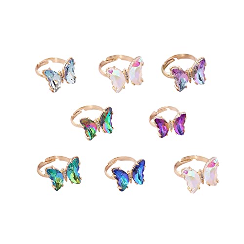 8 Pcs Gold Plated 3D Butterfly Rings Acrylic Adjustable Open Colorful Crystal Bowknot Shaped Band Rings for Women Girls Finger Jewelry - color: mix gold