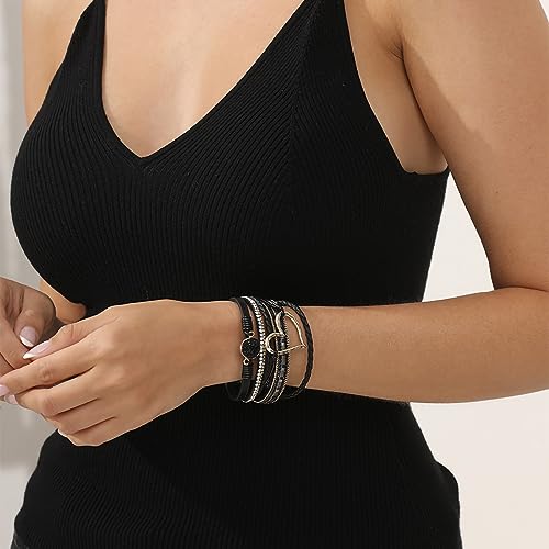 Fesciory Leather Wrap Bracelet for Women, Boho Western Layered Cuff Jewelry | Stackable Bracelets, Easy-On Clasp, Daily Wear, Pairs with Boho Western Outfits, Gift for Women - color: Black1
