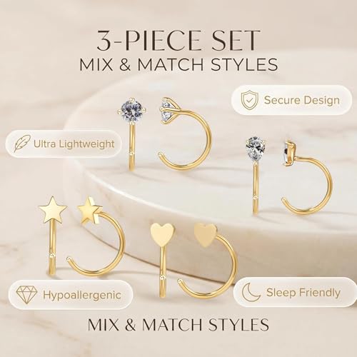 2/4Pairs 14K Gold Stay Close Hoop Huggie Half Hoop Earrings Minimalist Tiny Cartilage Helix Open Hugging for Women | Hypoallergenic 316L Stainless Steel Jewelry Set Trending Valentine's Day Gifts (A10) - color: 4 Pairs Gold 02