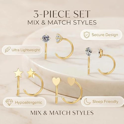 2/4Pairs 14K Gold Stay Close Hoop Huggie Half Hoop Earrings Minimalist Tiny Cartilage Helix Open Hugging for Women | Hypoallergenic 316L Stainless Steel Jewelry Set Trending Valentine's Day Gifts (A10) - color: 4 Pairs Gold 02