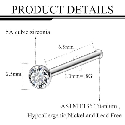 ASTM F136 Titanium Nose Rings 18G 20G 22G Jeweled Clear Cubic Zirconia Nose Studs Ring Screw L-Shaped Bone Hypoallergenic Body Piercing Jewelry for Women 1.5mm 2mm 2.5mm 3mm 10PCS - style: Bone:18G(1.0mm)-1.5mm CZ