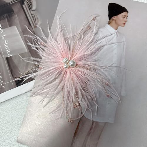 Elegant Feather Flower Pearl Cz Large Brooch Pin for Women Men Rhinestone Crystal Floral Lapel Pins Wedding Party Banquet Dress Suit Clothes Accessories Fashion Jewelry 180mm - color: Pink