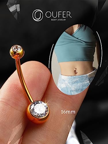 OUFER Titanium Belly Button Rings, Internally Threaded Belly Ring, Round CZ Navel Rings for Women Men - color: Gold, size: 1.6*16MM