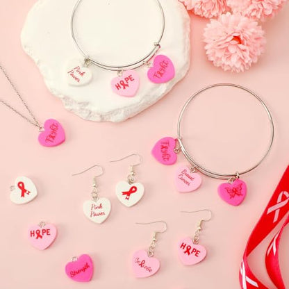 64 Pcs Breast Cancer Awareness Resin Charms, Pink Ribbon Heart Charm | 8 Styles, Breast Cancer Conversation Heart Pendants, DIY Crafts, Bracelet Necklace Earrings Jewelry Making, Decorations - style: Breast Cancer Awareness Style