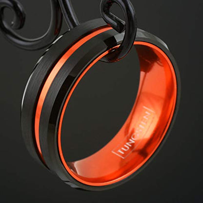 Engraved Personalized 6mm/8mm Brushed Finish Black Tungsten Carbide Band Ring w/Metallic Orange Stripe & Matching Anodized Aluminum Inner Band.
