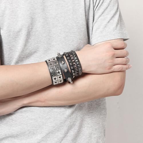 Mens Bracelet Braided Leather Punk Rock Cuff Bracelets Wrap Bracelet for Men Women Black - color: D:3PCS