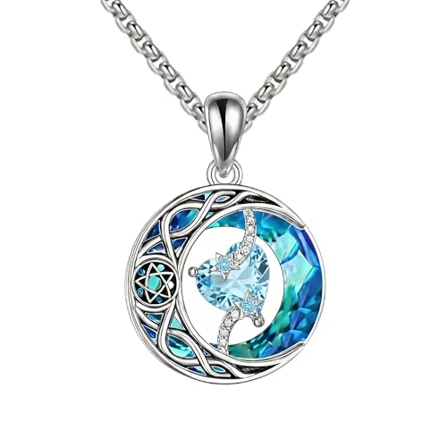 ONEFINITY Moon Star Necklace 18K White Gold Plated Celtic Moon Birthstone Pendant Necklaces Heart Birthstone Anniversary Birthday Jewelry Gifts for Women Wife Mom - style: March