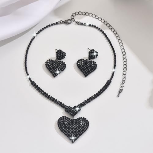 Crystal Heart Bridal Wedding Jewelry Set Silver Rhinestone Necklace Earrings Bracelet Sets Formal Costume Jewelry for Women and Brides - color: Black Necklace Earrings