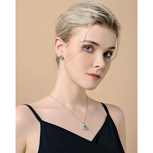 AMYJANE Halo Crystal Jewelry Set - Sterling Silver Round Cubic Zirconia Crystal Bridal Pendant Necklace Earrings Set for Wedding Bride Bridesmaids - color: Aquamarine
