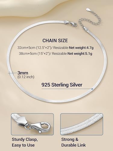 PROSTEEL 3mm/5mm Herringbone Choker Necklace for Women, 12.5"/15"/18", Stainless Steel/Sterling Silver Flat Snake Chain in Silver/Yellow Gold/Rose Gold/Black, Come with Box - color: 3mm-925 Sterling Silver, size: 15 Inch