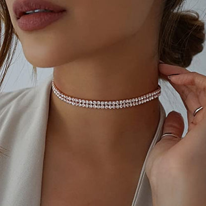 Luxval Tennis Necklace 14K Gold Plated Rhinestone Butterfly Choker Necklaces for women Dainty Zirconia Cut Faux Diamond chain 3mm - color: Gold-2 row tennis