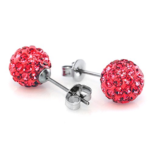 JewelrieShop Rhinestones Crystal Ball Stud Earrings Set Fireball Disco Ball Pave Bead Earrings Hypoallergenic for Women - color: Set L. 8mm x 3 Pairs (White, Lt. Rose Pink, Red)