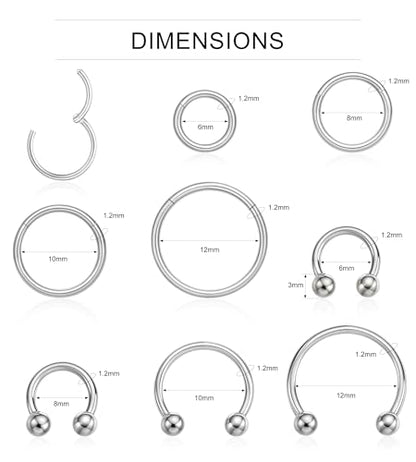 16PCS Surgical Stainless Steel Hinged Clicker Segment Horseshoe Septum Lip Eyebrow Rings 16G Nose Ring Hoop Cartilage Helix Conch Tragus Rook Daith Earrings Piercing Jewelry for Women Men 6mm 8mm 10mm 12mm - color: Silver Tone