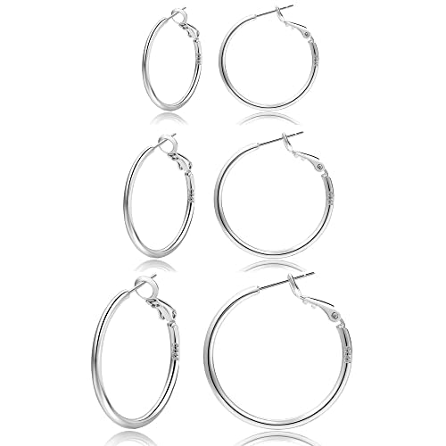 2mm Sterling Silver Big Hoop Earrings For Women - Large Hypoallergenic Circle Endless Thin Oversize Silver Hoops - color: Set,50mm/60mm/70mm,silver