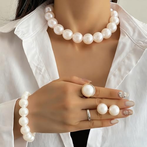 White Faux Pearl Necklace and Earrings Set Big Large Pearl Bead Ball Beaded Choker Necklace Black Pink Pearls Statement Bracelet Ring for Women - color: white