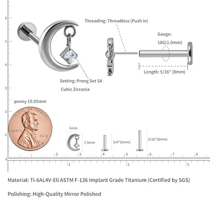 1PC ASTM F136 Titanium Mini Threadless Flat Back Stud 18G 6mm 8mm for Conch Helix Flat Tragus Labret - color: Moon - Tit