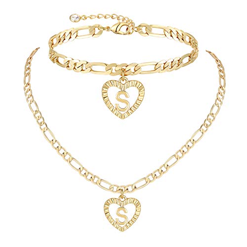 YANODA Gold Initial Pendant Necklace Anklet Bracelet for Women 14K Gold Plated Figaro Chain Letter Initial Heart Necklace Anklets Alphabet Foot Jewelry Personalized Jewelry for Women - style: S