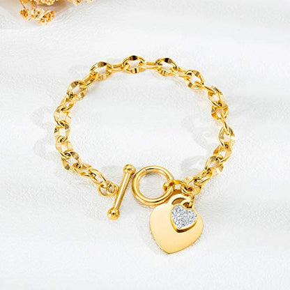 kelistom 316L Stainless Steel Love Heart Charm Bracelet for Women Romantic Gift Silver/Rose/18k Gold Plated OT Clasp Bracelets - color: 18k gold-1