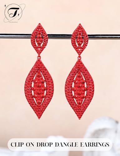 THUNARAZ Clip on Earrings for Women Non Pierced Glitter Rhinestone Crystal | Clip-On Earrings, Wedding Bridal Earrings, Non Pierced Ears, Dangle Earrings, Fake Earrings, Fashion Jewelry - color: Red