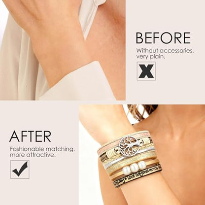Leather Wrap Bracelets for Women, Boho Leopard Multi-Layer Crystal Beads Cuff Jewelry - color: J-Warp-003