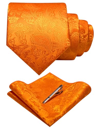 JEMYGINS Mens Solid Color Paisley Necktie and Pocket Square with Tie Clip Sets - color: Orange2