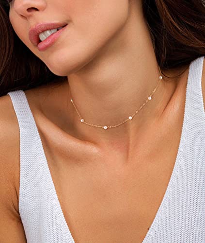 CHESKY 14K Gold Plated Silver Dainty Satellite Choker Necklace for Women | Layered Beaded Chain Necklace, Thin Choker Jewelry, Dainty Gold necklace, Minimalist Trendy Jewelry, Daily Gift for Women - style: Gold pearl
