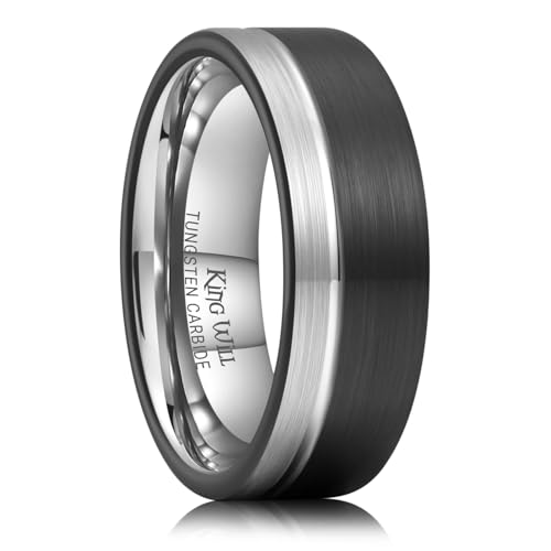 King Will Mens Tungsten Carbide Wedding Band with Groove Design | 6/7/8mm Width, Grooved, Comfort Fit, Everyday Wear - color: Black&Silver Groove-8mm