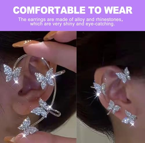 Rhinestone Butterfly Ear Cuffs for Women (1 Pair) Non-Pierced Elf Ear Wrap Clip-On Crawler Earrings for Weddings Special Occasions