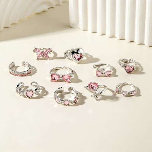 10pcs Sparkly Crystal Love Heart Ring Set for Women Adjustable Bowknot Butterfly Finger Ring Stackable Pink Rhinestone Heart Open Ring Jewelry Gifts - color: Silver