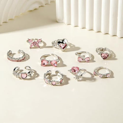10pcs Sparkly Crystal Love Heart Ring Set for Women Adjustable Bowknot Butterfly Finger Ring Stackable Pink Rhinestone Heart Open Ring Jewelry Gifts - color: Silver