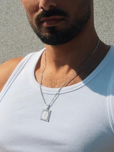 U7 Initial Letter Necklace for Men Women, 14K Gold/Silver Plated Square Capital Monogram Pendant Necklace from A-Z with 22+2 Inch Figaro Chain, Personalized Jewelry for Him - color: Silver, style: E