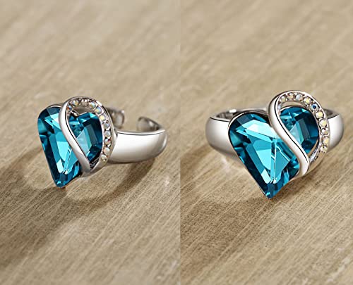 Leafael Infinity Love Women's Adjustable Crystal Heart Ring with Birthstone Crystals Healing Stones, Jewelry Gifts for Women, Birthdays Valentine's Day, Silver-Tone, Open End, Size 6.5-8 - color: 09c-December-Relaxation-Indicolite Zircon Blue