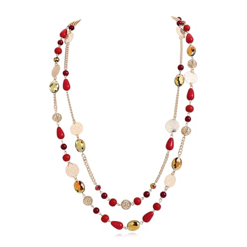 Bocar Long Necklaces for Women Trendy, Boho Layered Crystal Beaded Collar Necklaces for Women, Fashion Statement Necklaces Jewelry - color: Wine