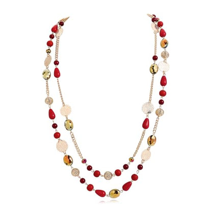 Bocar Long Necklaces for Women Trendy, Boho Layered Crystal Beaded Collar Necklaces for Women, Fashion Statement Necklaces Jewelry - color: Wine