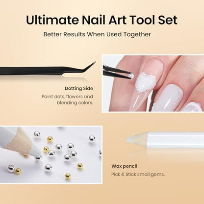 Beetles 3D Nail Charms Gold Silver Nail Beads and White Pearl with 15g | Rhinestone Glue Tweezers Pick-up Pencil for Nails Art Metallic Round Caviar Beads White Flatback Pearls Manicure Accessories - color: 3D Nail Charms-Pearls