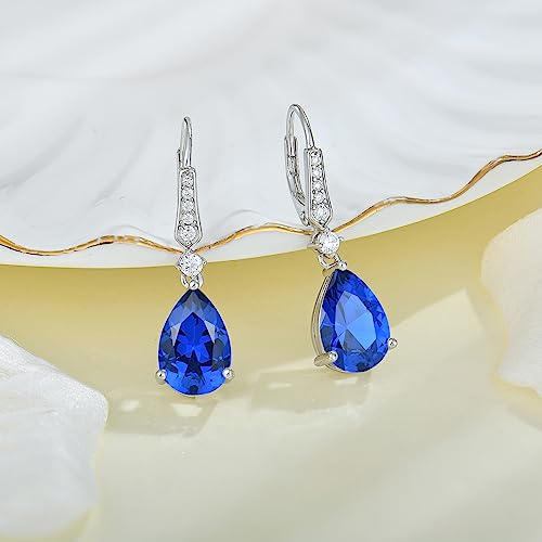 Women 925 Sterling Silver Birthstone Teardrop Leverback Drop Dangle Earrings 8 * 12mm 5A Cubic Zirconia Jewelry for Her - color: September,Sapphire Color