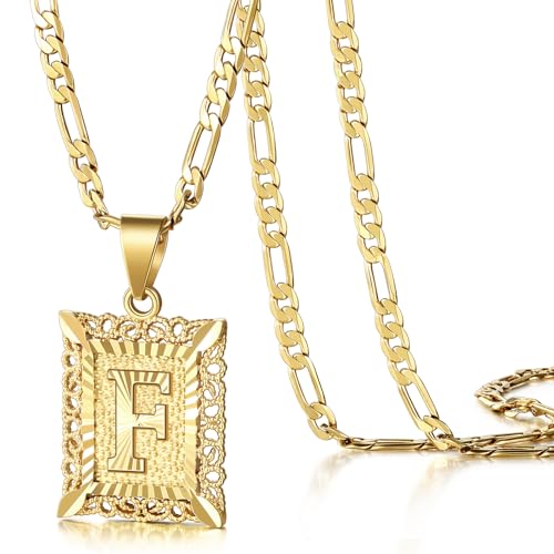 KissYan Initial Letter Pendant Necklace for Men Women, 14K Gold Plated Square Capital Monogram Necklace Alphabets from A-Z Figaro Chain Jewelry | 14K Gold Filled/White Gold Plated, Square Letter Capital Monogram Pendant with 20''+2'' Figaro Chain, Alphabe
