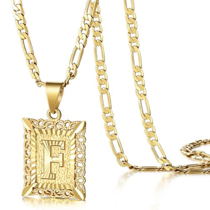 KissYan Initial Letter Pendant Necklace for Men Women, 14K Gold Plated Square Capital Monogram Necklace Alphabets from A-Z Figaro Chain Jewelry | 14K Gold Filled/White Gold Plated, Square Letter Capital Monogram Pendant with 20''+2'' Figaro Chain, Alphabe