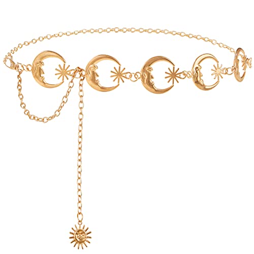 FIORETTO Chain Belt for Women Metal Waist Chain Fashion Multilayer Chain Belts for Dress - color: Moon-gold, size: Fit Waist Up to 36"