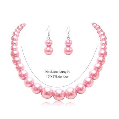 Cryshimmer Pearl Choker Necklace for Women Faux Pearl Beads Strand Necklace Earring Set Costume Jewelry,Gift for Wife Mother - color: Barbie Pink Pearl